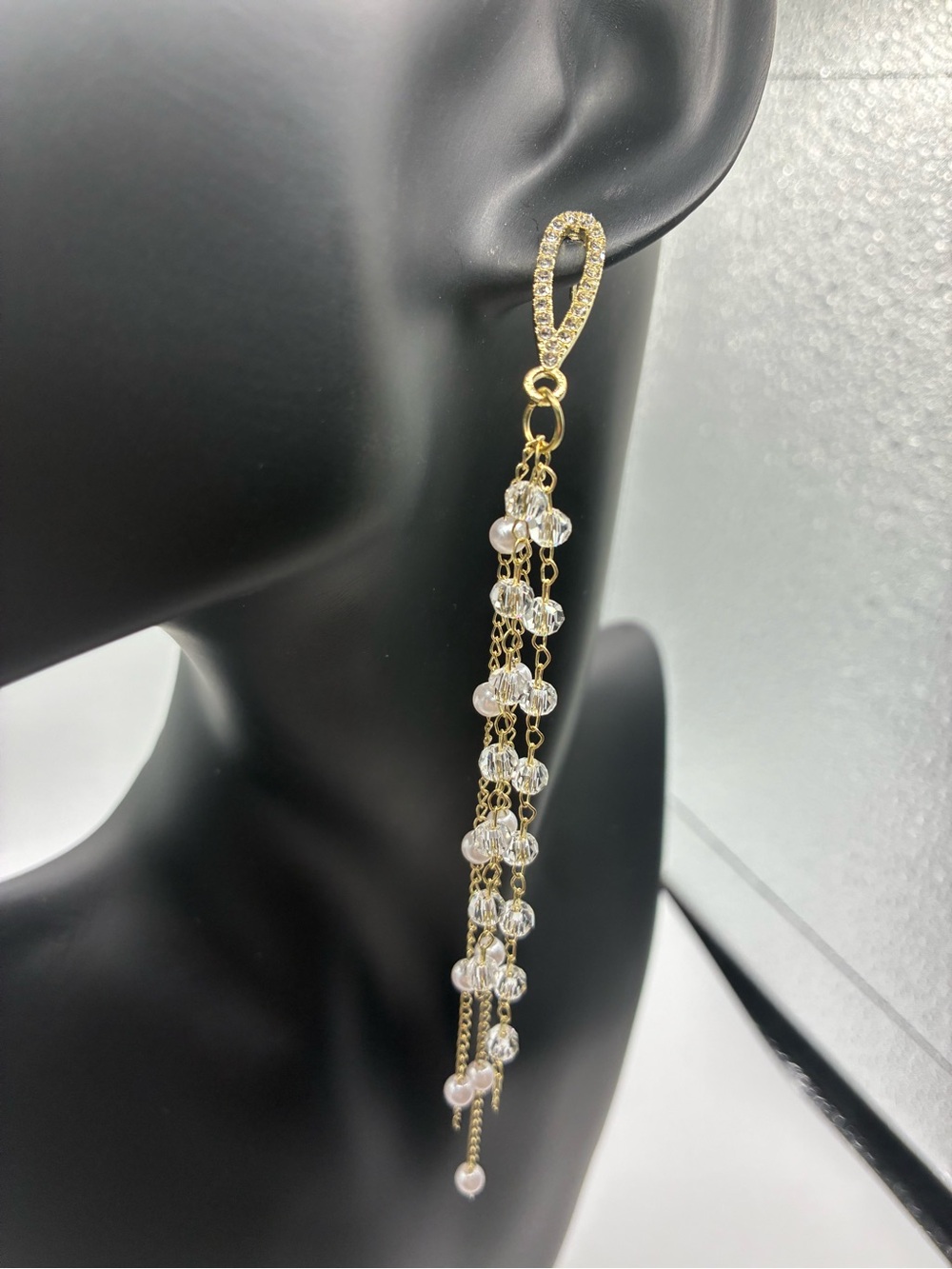 Gold Pearl & Crystal Dangle Earrings - Elegant Long Drop